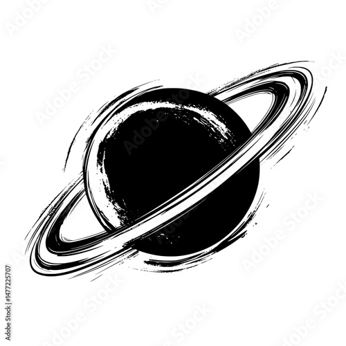 Black and white space planet icon with bold orbit rings and rough ink stroke design for cosmic visuals