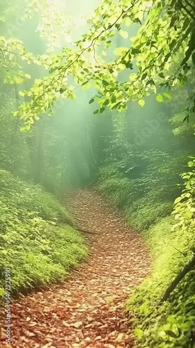 Serene forest path with sunlight filtering through trees