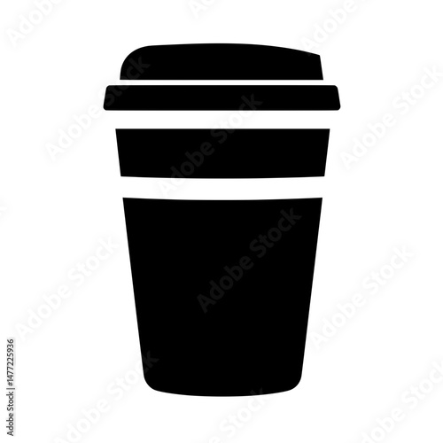Modern coffee cup icon in minimalist black silhouette with lid for hot drinks and takeaway beverage branding