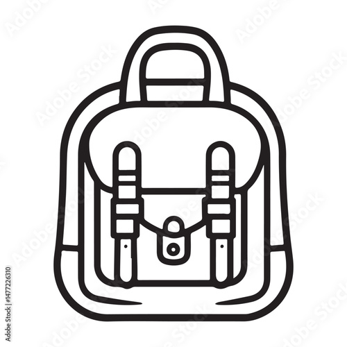 A simple line art illustration of a backpack.  The design is minimalist and modern, perfect for use in logos, websites, or app icons. Black and white color scheme. Vector illustration.