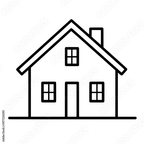 Simple residential house icon with chimney and symmetrical windows in black outline for real estate or architecture design