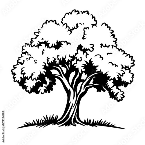 Realistic oak tree icon with full leafy canopy in black and white line art style for nature and landscape themes