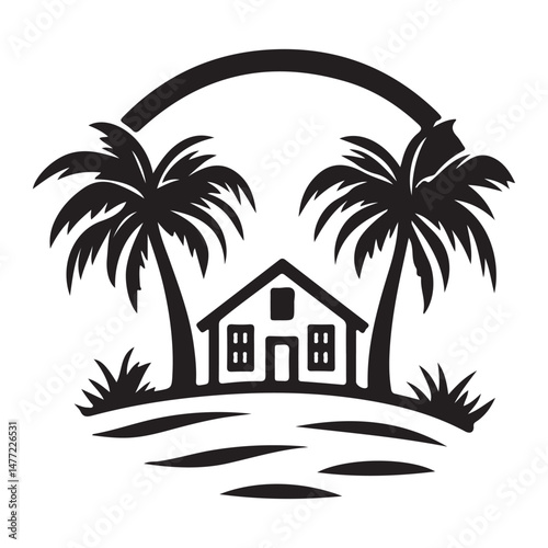 Tropical beach house silhouette under sunset with palm trees. Vector illustration.