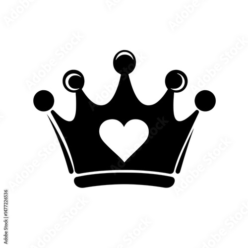 Black crown icon with central heart symbol in flat vector style representing royalty, love, or leadership
