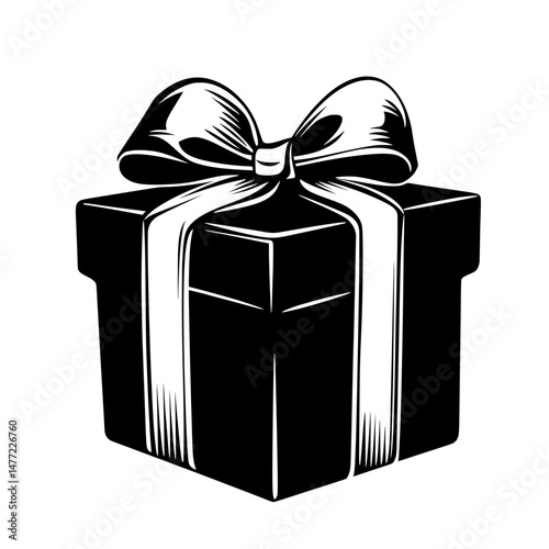 Minimalist black gift box with ribbon and bow in high contrast style for celebration and holidays