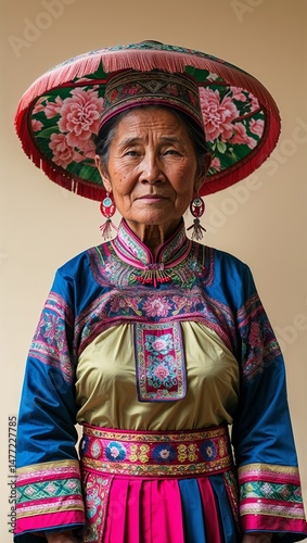 Hmong female elderly wearing cultural dresswear on a mellow cream background