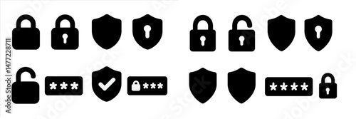 Set of web icons featuring security symbols like locks and shields for online safety and protection