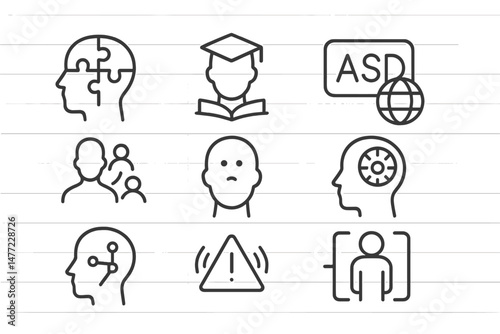 Collection of web icons illustrating concepts related to mental health, education, and communication for online use