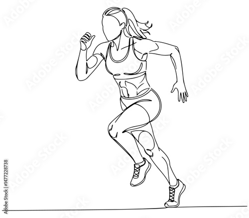 Line drawing of a person running with wearing athletic clothing and sneakers. vector illustration