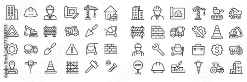 Collection of construction web icons featuring various tools, equipment, and safety symbols for use in digital projects