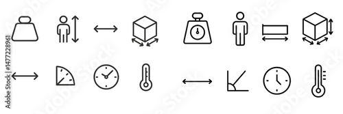 Set of minimal web icons depicting measurement tools and scales for various applications in design and user interface