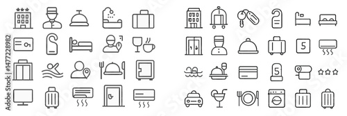 Set of minimalist web icons representing hospitality, travel, and service-related activities in a simple design