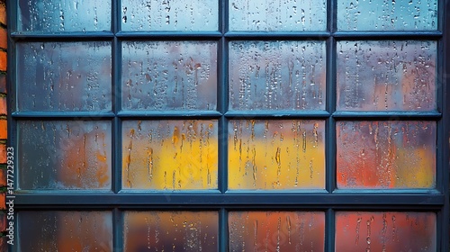 Window panes cloaked in rainfall and reflected city glow creating abstract art