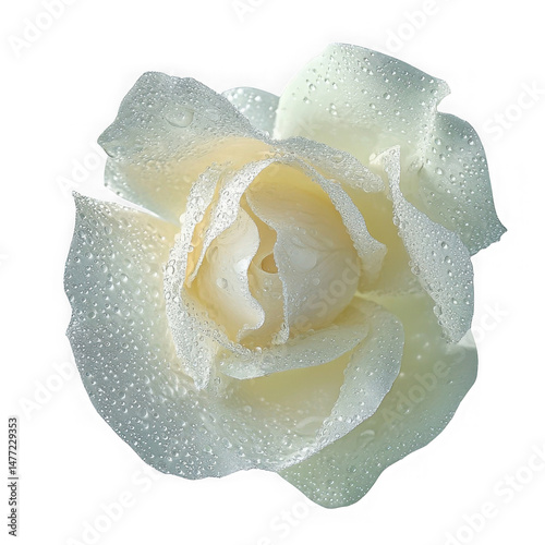 Close-up of a white rose with water droplets on the petals on a transparent background. white rose with water drops