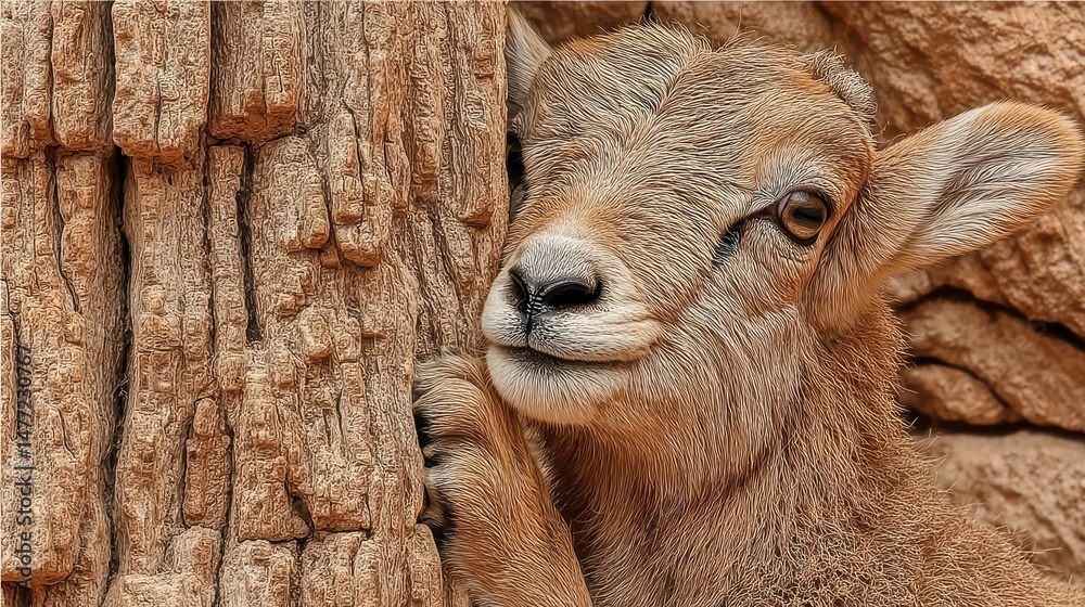 Fototapeta premium Baby bighorn sheep hiding behind rock