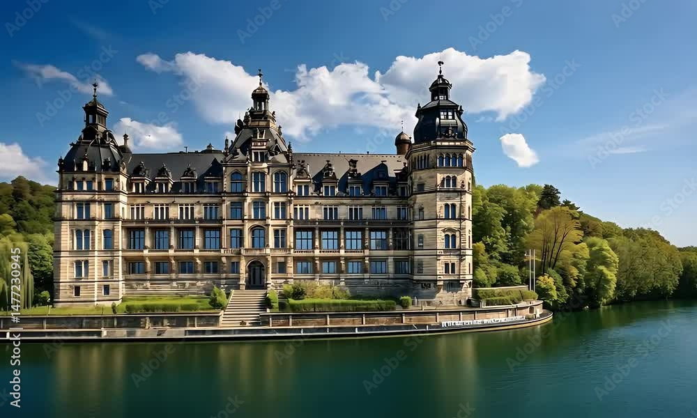 Historic European castle with red rooftops reflecting in a calm blue lake under a clear sky. Historic European castle with red rooftops reflecting in a calm blue lake under a clear sky.