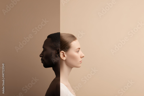 minimalist representation of man and woman of diverse nationalities faces shifted left