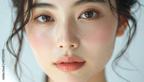 日本人, 超リアル, 美しい, 若い女性, 顔, クローズアップ, 欠点のない肌, 輝く肌質, ナチュラルメイク, 柔らかなライティング, 美容CM風, シネマティック, カメラ目線, 高解像度,Japanese, ultra-realistic, beautiful, young woman, face, close-up, flawless skin, glowing complexion