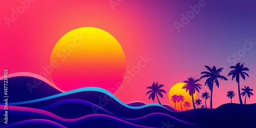 Abstract sunset, futuristic wave lines, stylized palm trees, graphic, design