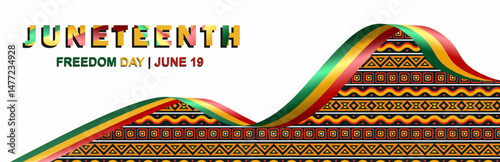Juneteenth Freedom Day, Juneteenth banner with bold African tribal patterns and flowing ribbon in red, gold, and green. Celebrates Black freedom, culture. Modern and cultural vector design.