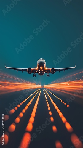 A commercial airplane takes off from a brightly lit runway at night, with motion blur highlighting speed and energy.
