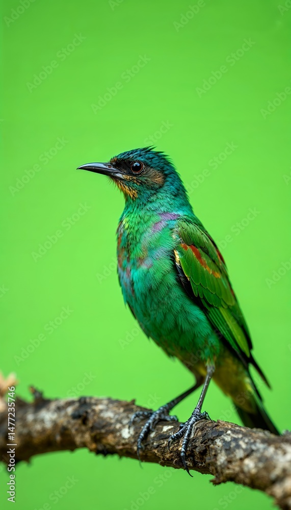 Eye Level Close Up of a Male Asian Fairy Bluebird Perched on Branch with Isolated Green Background Eye Level Close Up of a Male Asian Fairy Bluebird Perched on Branch with Isolated Green Background