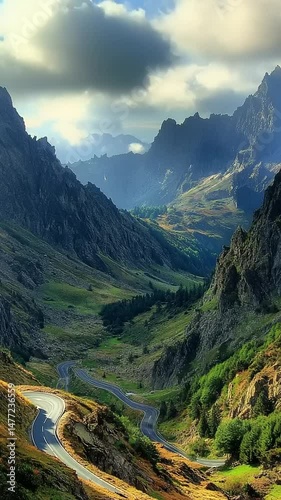 Serene Mountain Valley with Winding River and Clouds
