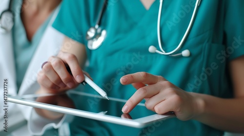Close up of a doctor and patient discussing treatment plans over a tablet highlights personalized care and digital integration