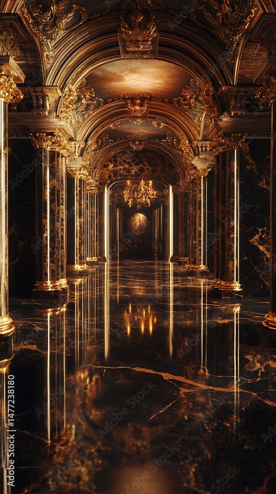 Obraz premium Opulent marble corridor gleaming with golden accents and reflected light