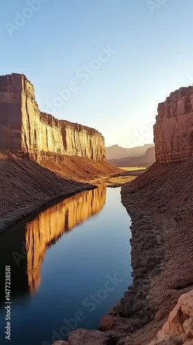 Serene River Flows Between Majestic Cliffs at Sunset