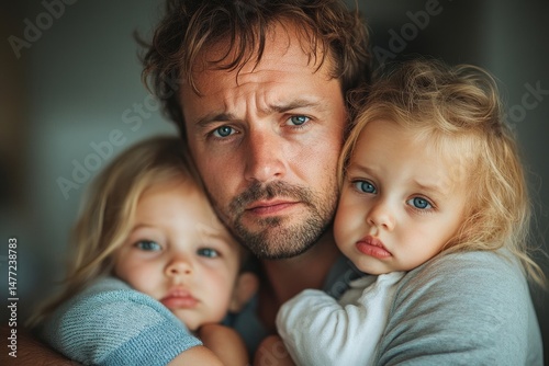 stressed young dad with two small children in his arms