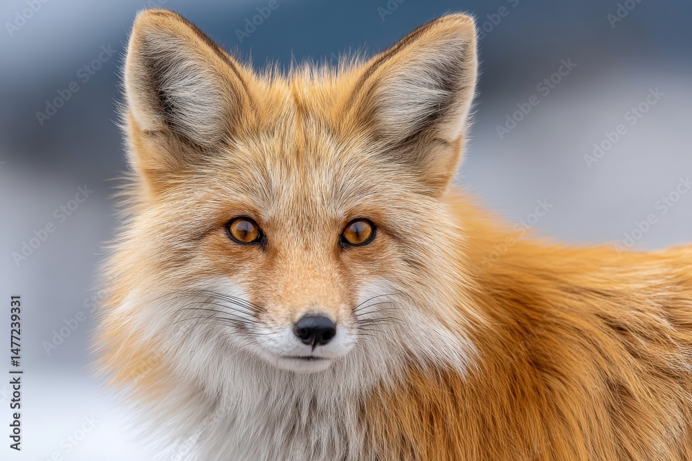 Fototapeta premium Beautiful red fox standing calmly in a snowy landscape during winter in a natural habitat