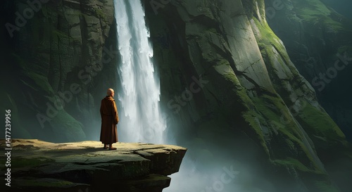 Monk at Waterfall in Mountain Landscape