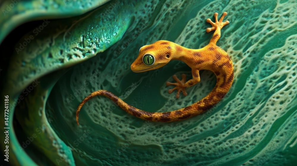 Obraz premium Close-up of a vibrant orange gecko on a teal, textured background.