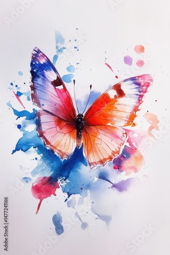 Watercolor Butterfly Painting with Vibrant Colors and Splatters on White Background Artistic Close-Up