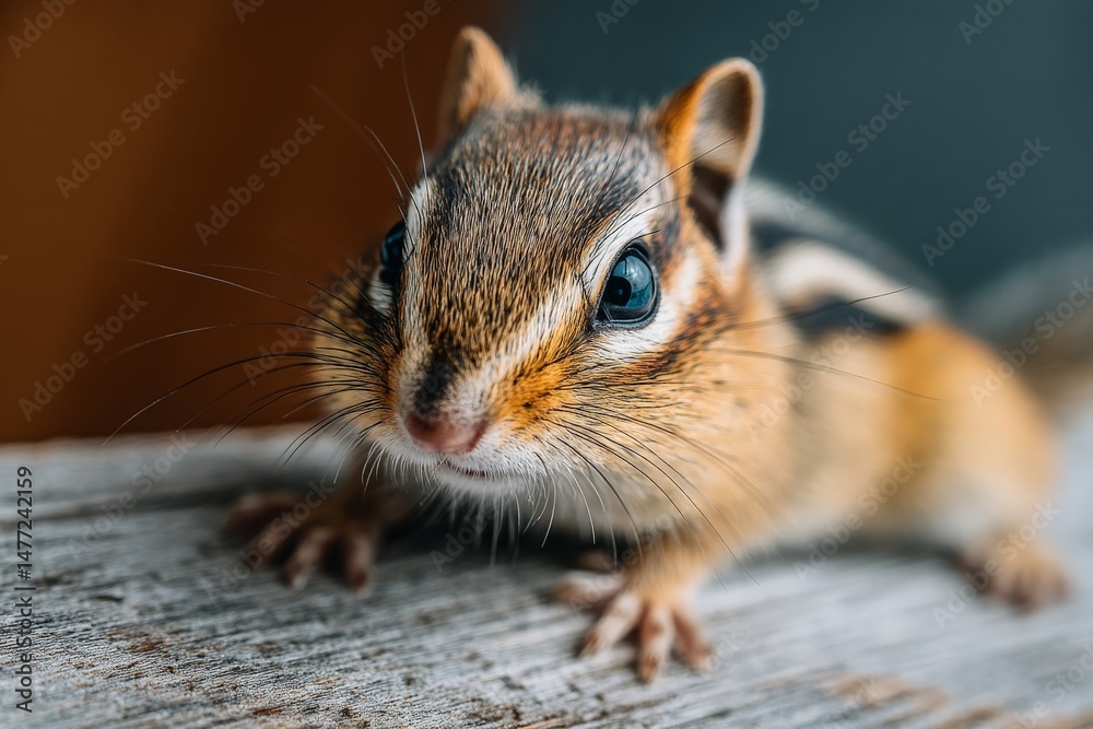Obraz premium Chipmunk exploring a wooden log in a cozy indoor setting during daylight hours