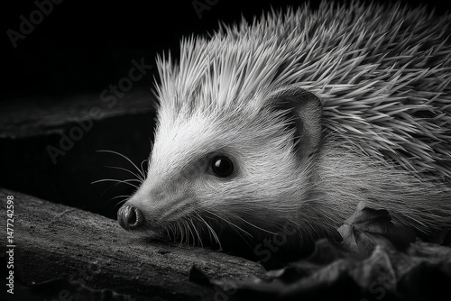 Close-up view of a hedgehog in a dark environment observing its surroundings at night