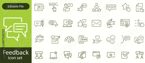 Feedback set of web icons in line style. Feedback and Review icons for web and mobile app. Customer relationship management. Star rating, satisfaction, emotion, testimonials, quick response, chat