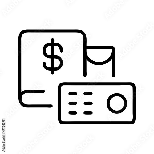 outline icon of dollar bill, coin and receipt in minimalist style, representing money payment, financial transaction, billing and budget accounting operations