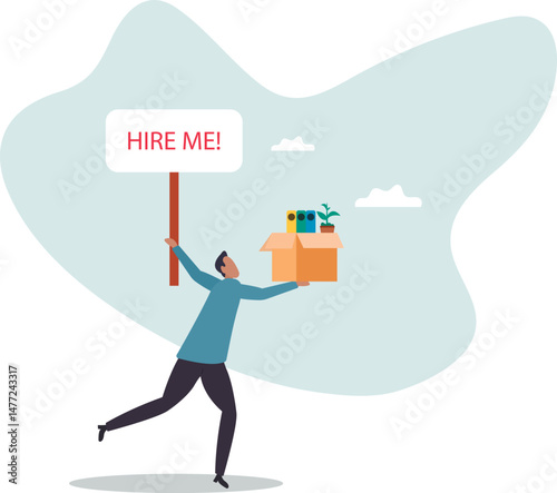Hire me looking for job, unemployed or layoff employee, candidate searching for new work career, job seeker or applicant find vacancy.character for design.
