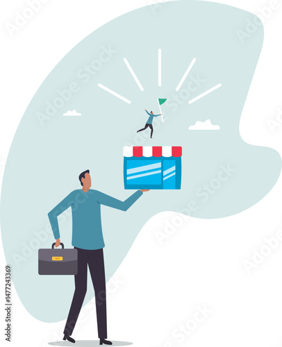 Small business idea, successful entrepreneur with small retail shop or storefront, shop owner or merchandise opportunity.character for design.