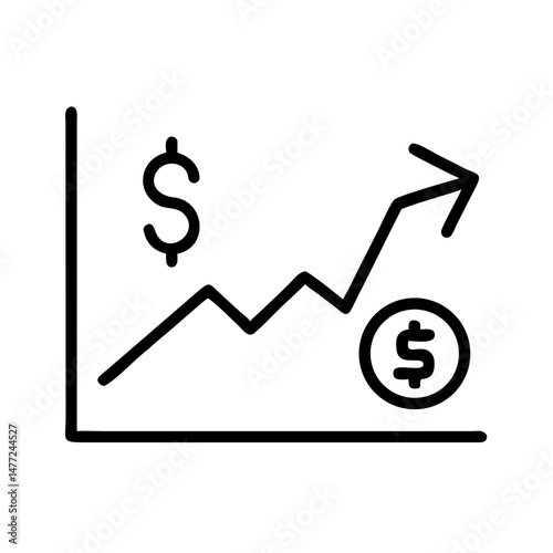 outline icon of financial chart with rising arrow and dollar signs, representing profit growth, business success, investment return and economic progress