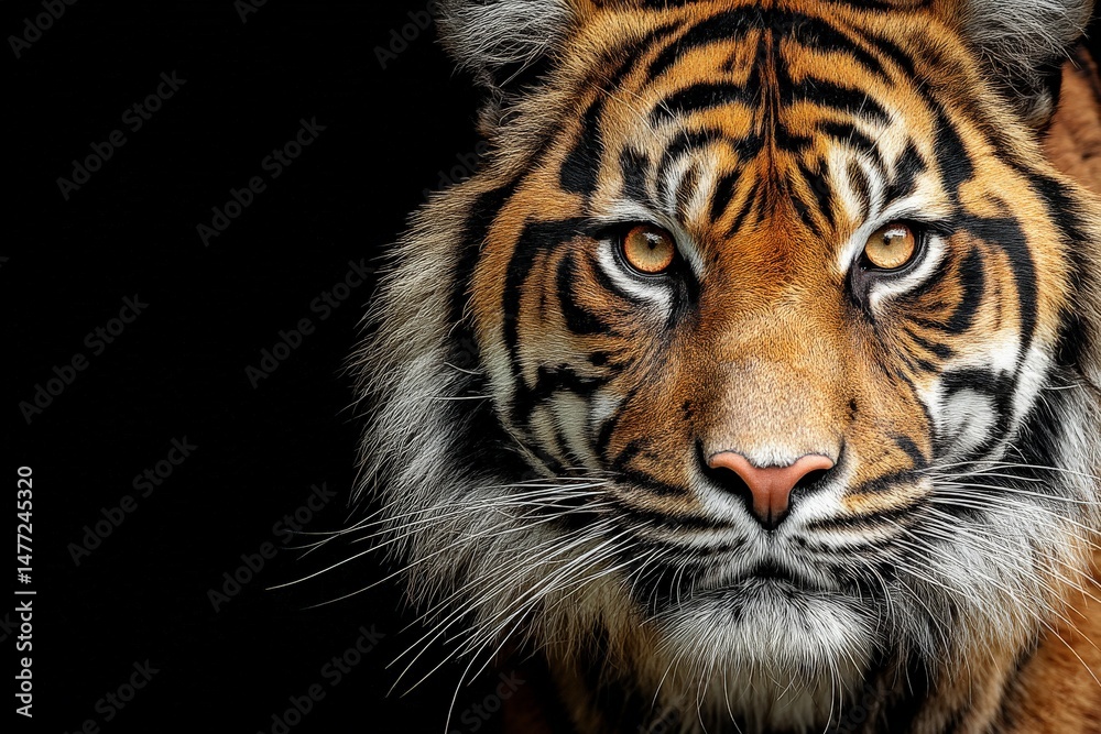 Fototapeta premium Majestic tiger gazes directly at the camera in a dark setting showcasing its striking fur and intense expression