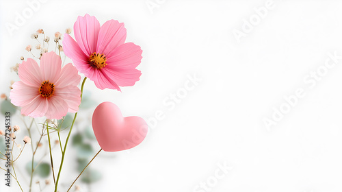 Pink flowers with heart-shaped decoration on soft background, creating a romantic atmosphere perfect for love-themed designs and celebrations. Selective focus