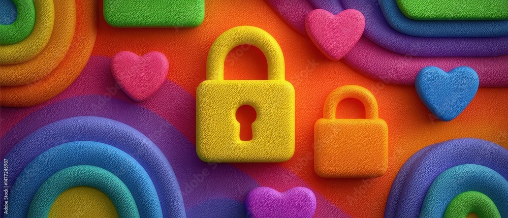 Naklejka premium Colorful Rainbow Background with Padlocks and Hearts symbolizing Digital Security and Love