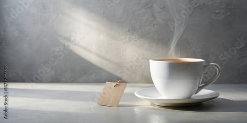 A steaming cup of tea sits on a saucer beside a blank tag, bathed in sunlight against a textured background