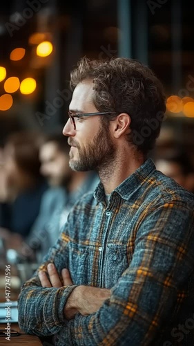 Smiling man in a cozy café with warm lighting