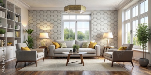 Modern Living Room Interior Design with Hexagonal Wall Decor and Natural Light