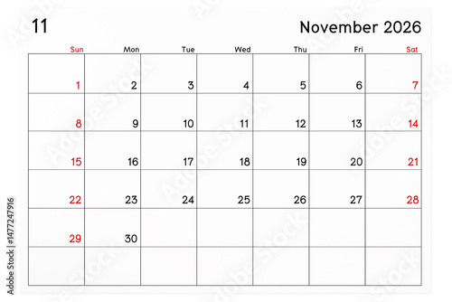 Calendar November 2026 page isolated on white, Save clipping path