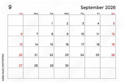 Calendar September 2026 page isolated on white, Save clipping path